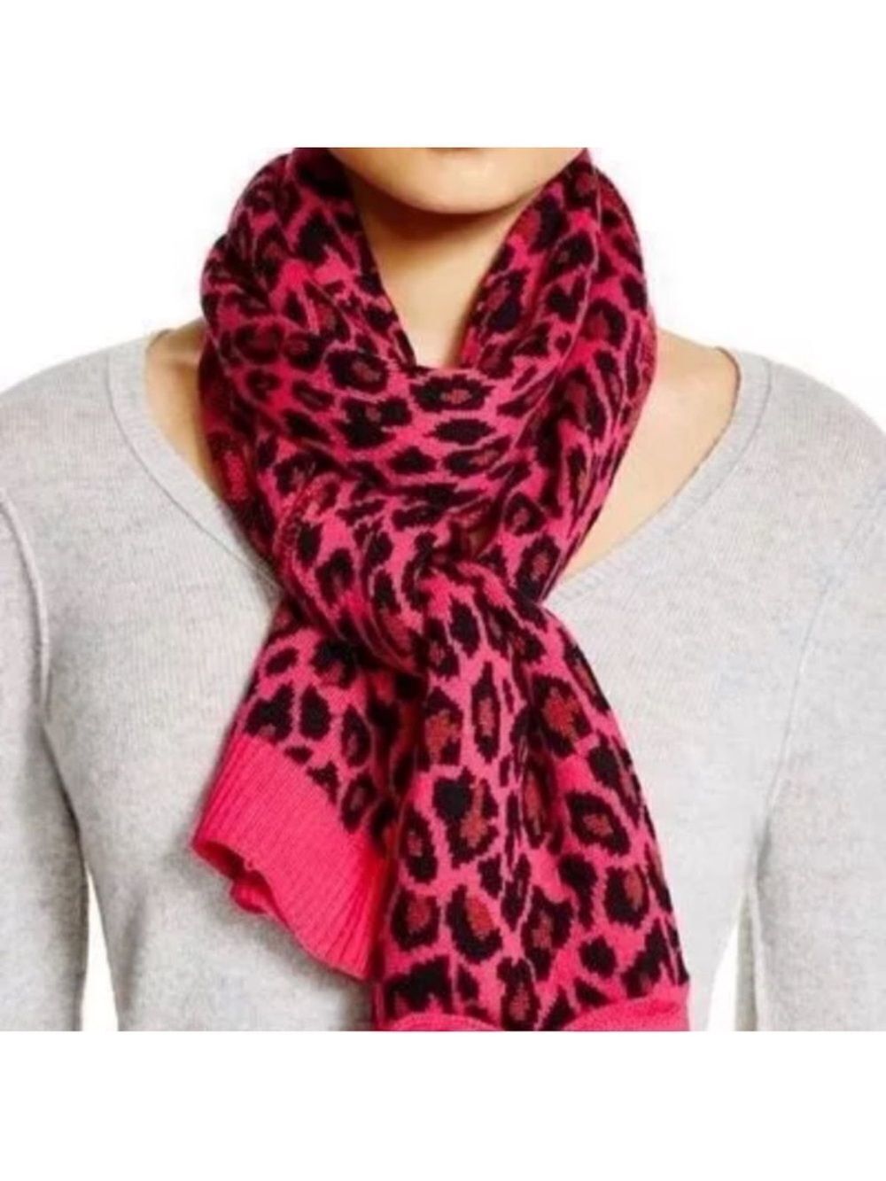 kate spade Large Fuchsia Pink Black Rust Brown Cheetah Animal Print Knit Scarf